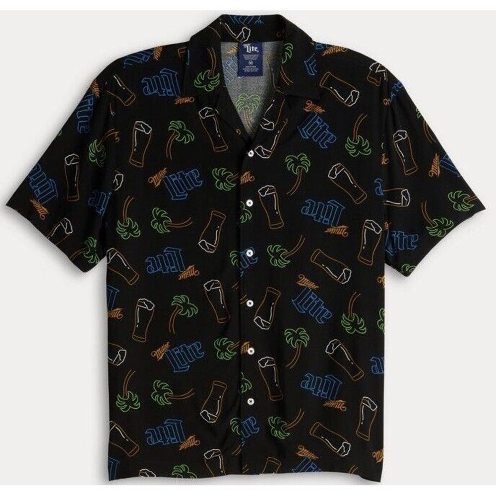 New $45‎ Men's Miller Lite Neon Signs Short Sleeve Button Front Shirt Beachy M
